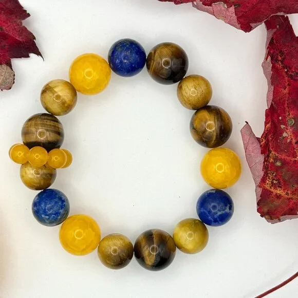 Energy Balance Bracelet Yellow Agate Tiger Eye and Lapis Lazuli Stretch Bracelet - Picture 3 of 5